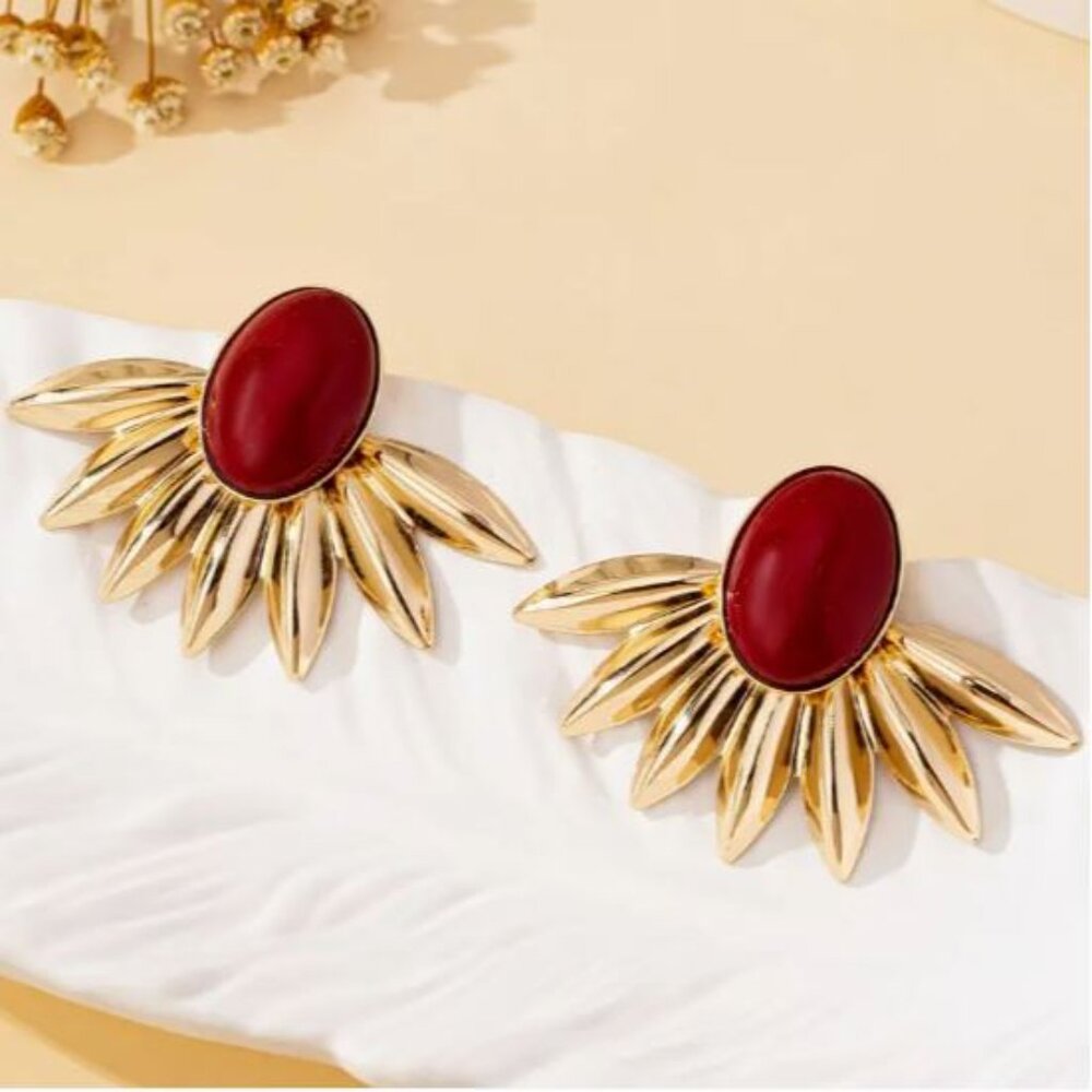 NEW Martina Retro Maroon Red and Gold Sunburst Statement Earrings - Picture 2 of 3